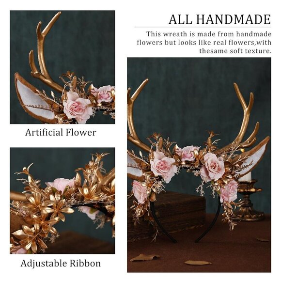 Woodland Floral Reindeer Headpiece Gold Pink for Cosplay Party Festival main image 7